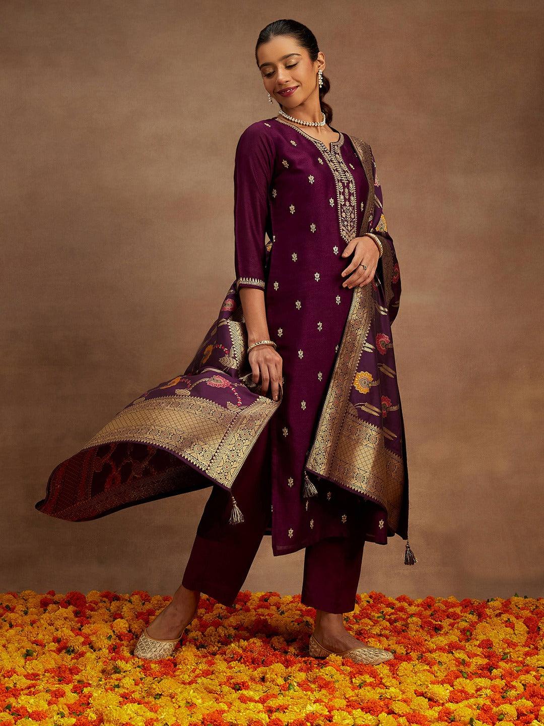 Burgundy Embroidered Silk Blend Straight Kurta With Trousers & Dupatta - Libas 