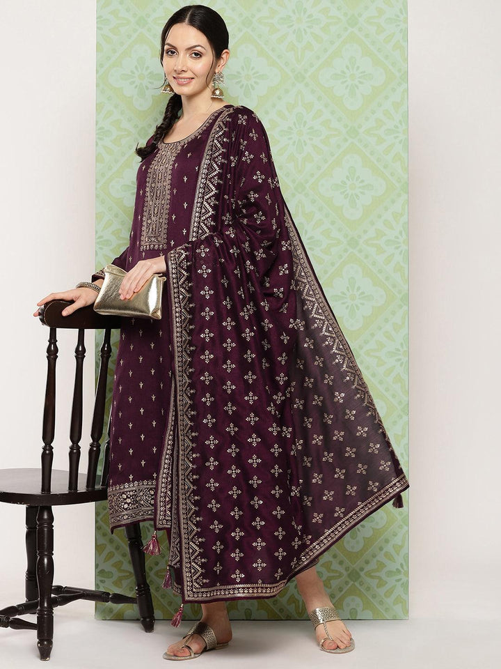 Burgundy Embroidered Silk Blend Straight Kurta With Trousers & Dupatta - Libas