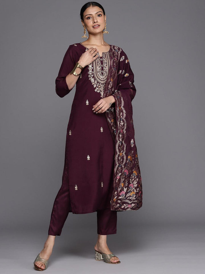 Burgundy Embroidered Silk Blend Straight Kurta With Trousers & Dupatta - Libas