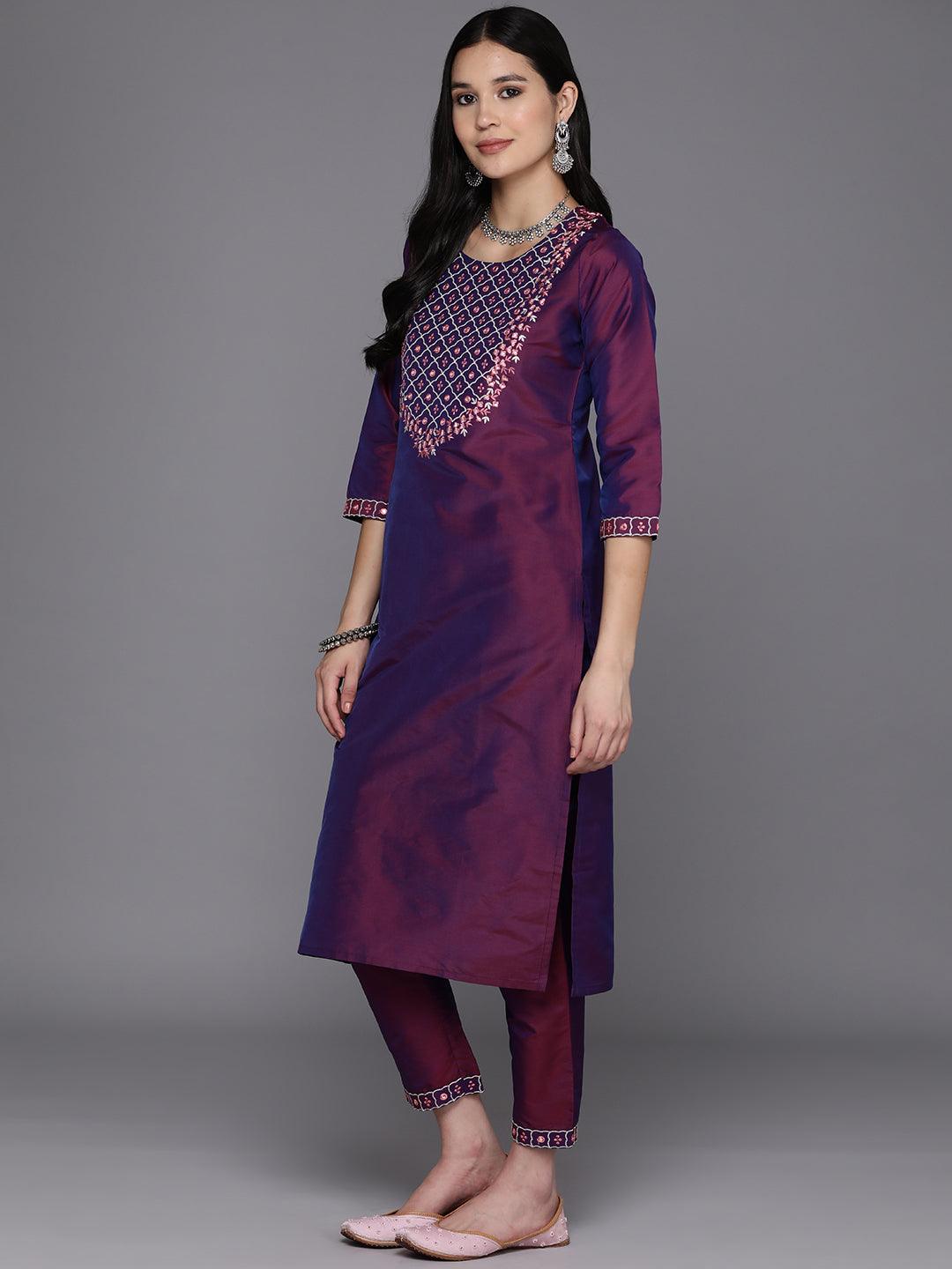 Burgundy Embroidered Silk Blend Straight Suit Set With Trousers - Libas 