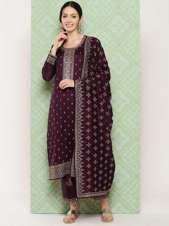 Burgundy Embroidered Silk Blend Straight Kurta With Trousers & Dupatta - Libas