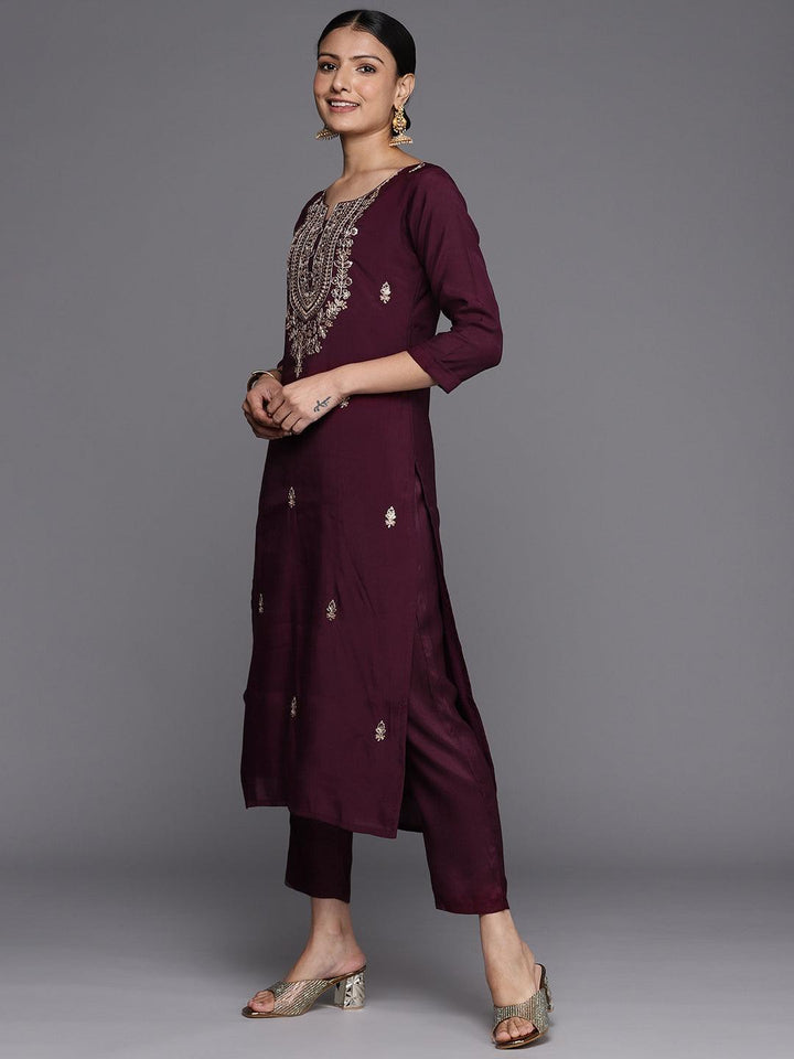 Burgundy Embroidered Silk Blend Straight Kurta With Trousers & Dupatta - Libas