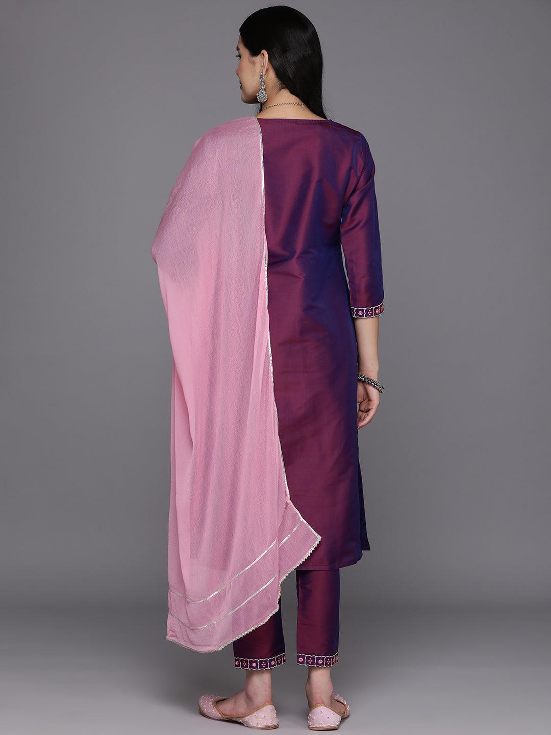 Burgundy Embroidered Silk Blend Straight Suit Set With Trousers - Libas 