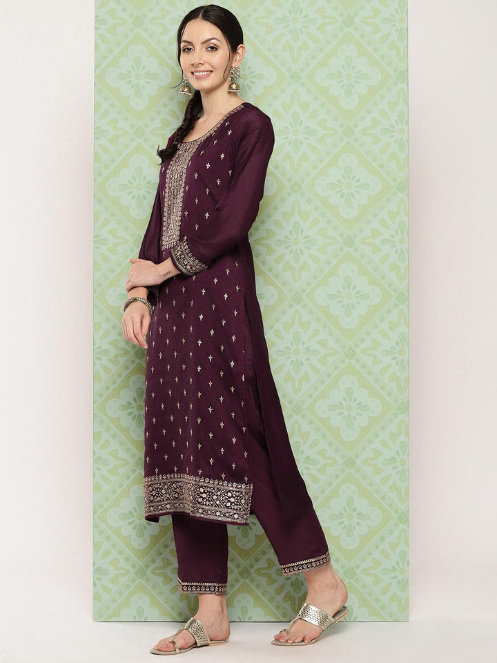 Burgundy Embroidered Silk Blend Straight Kurta With Trousers & Dupatta - Libas