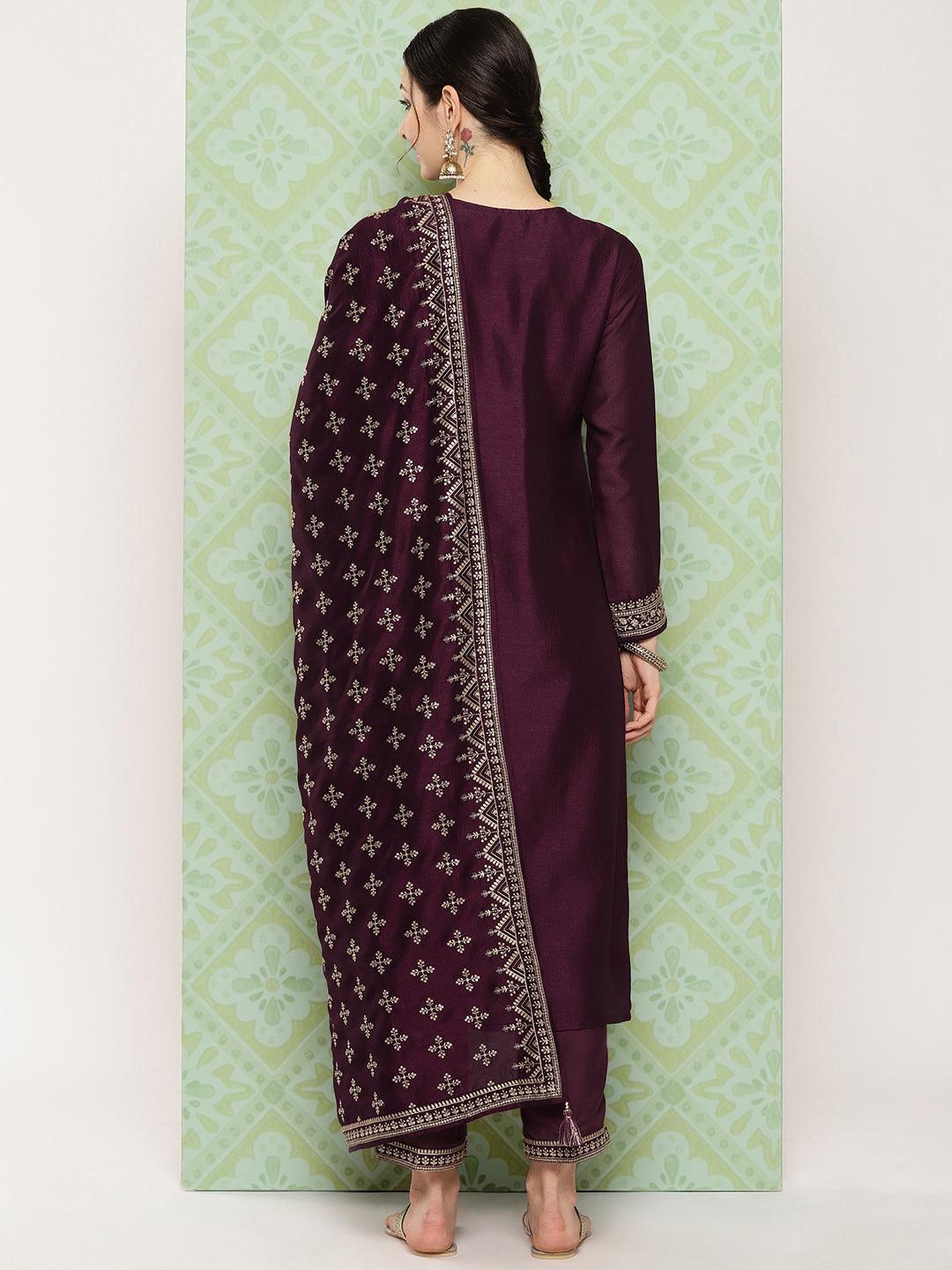 Burgundy Embroidered Silk Blend Straight Kurta With Trousers & Dupatta - Libas