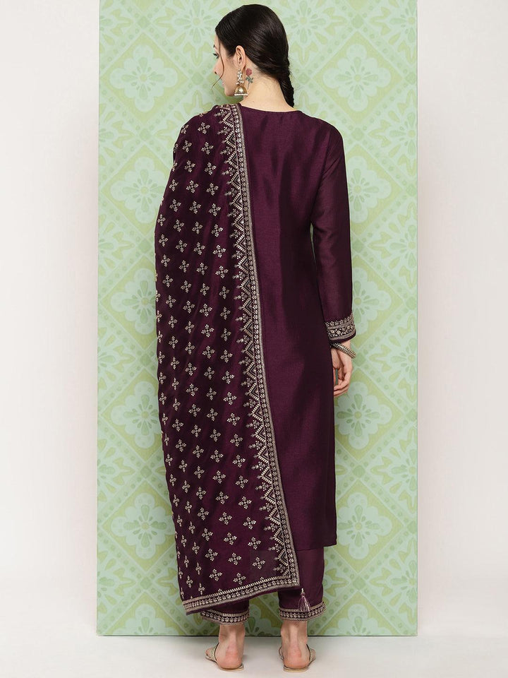 Burgundy Embroidered Silk Blend Straight Kurta With Trousers & Dupatta - Libas