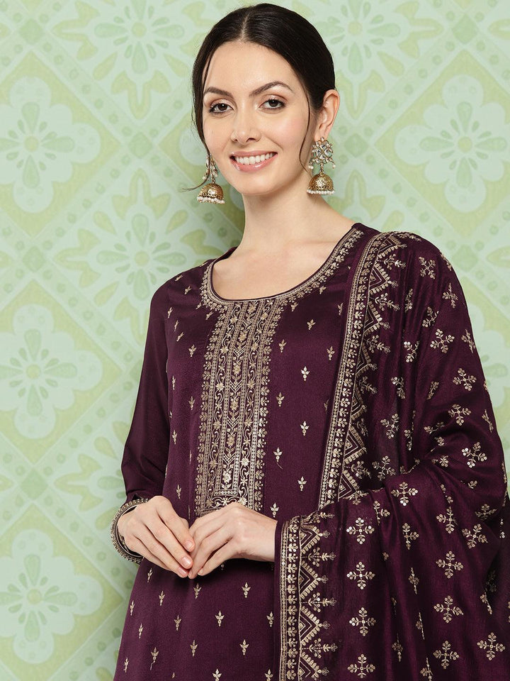 Burgundy Embroidered Silk Blend Straight Kurta With Trousers & Dupatta - Libas