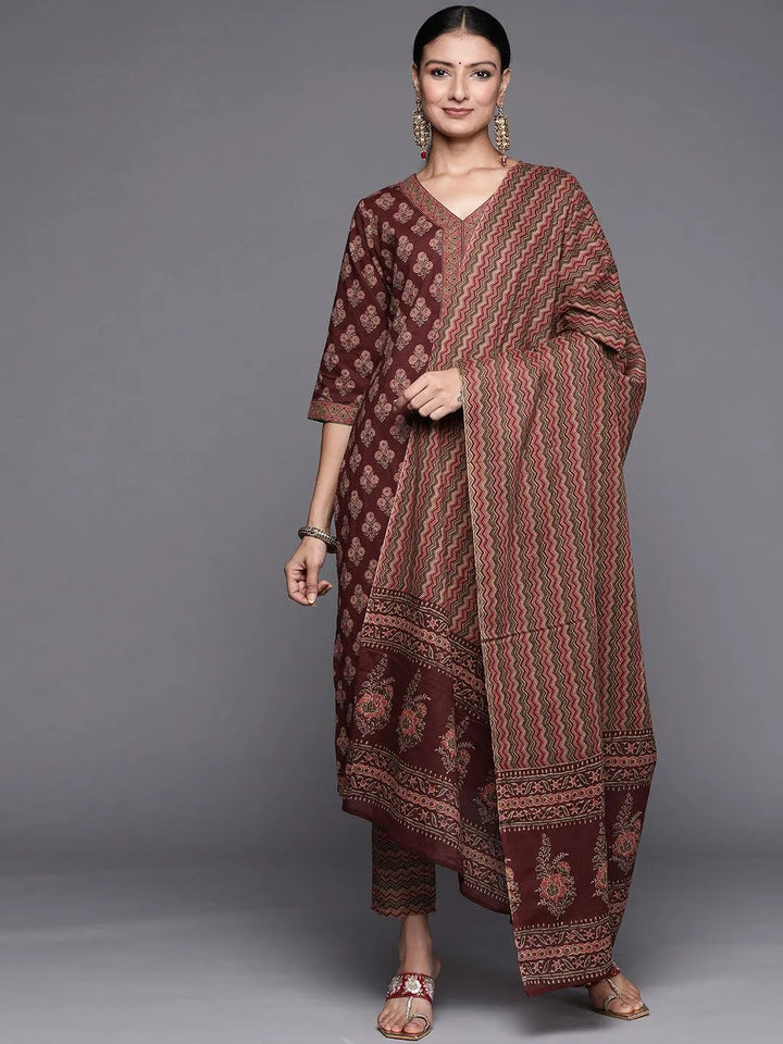 Burgundy Printed Cotton Straight Suit Set - Libas