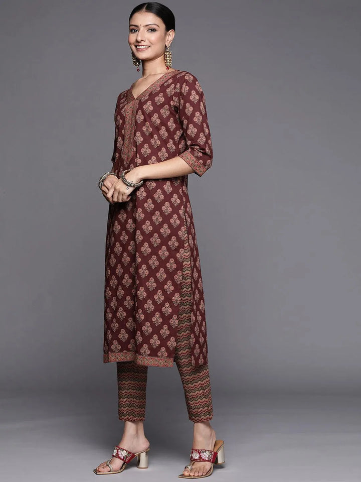 Burgundy Printed Cotton Straight Suit Set - Libas