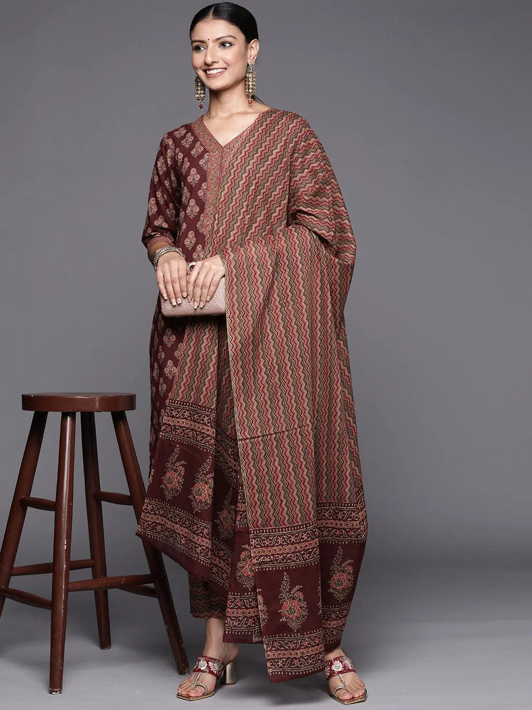 Burgundy Printed Cotton Straight Suit Set - Libas