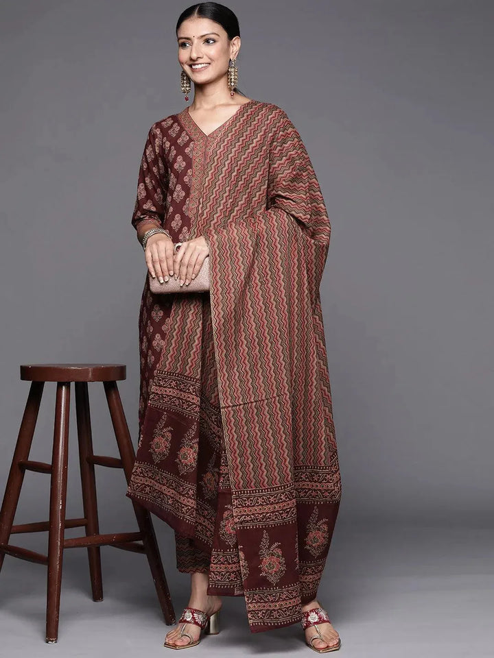 Burgundy Printed Cotton Straight Suit Set - Libas