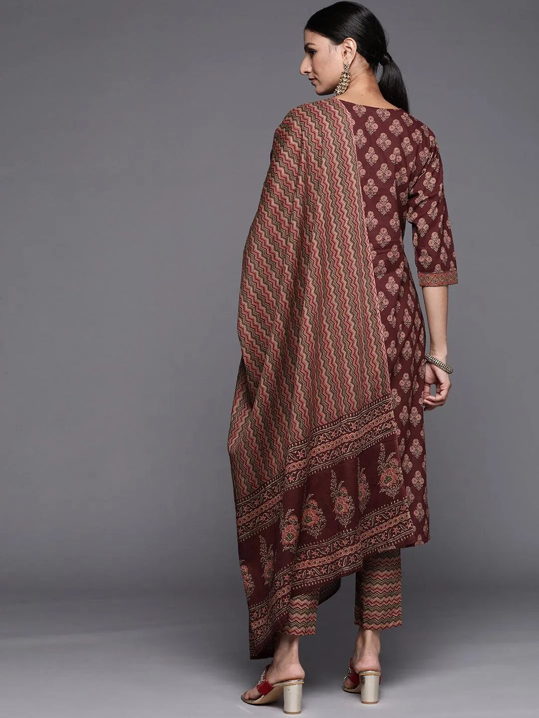 Burgundy Printed Cotton Straight Suit Set - Libas