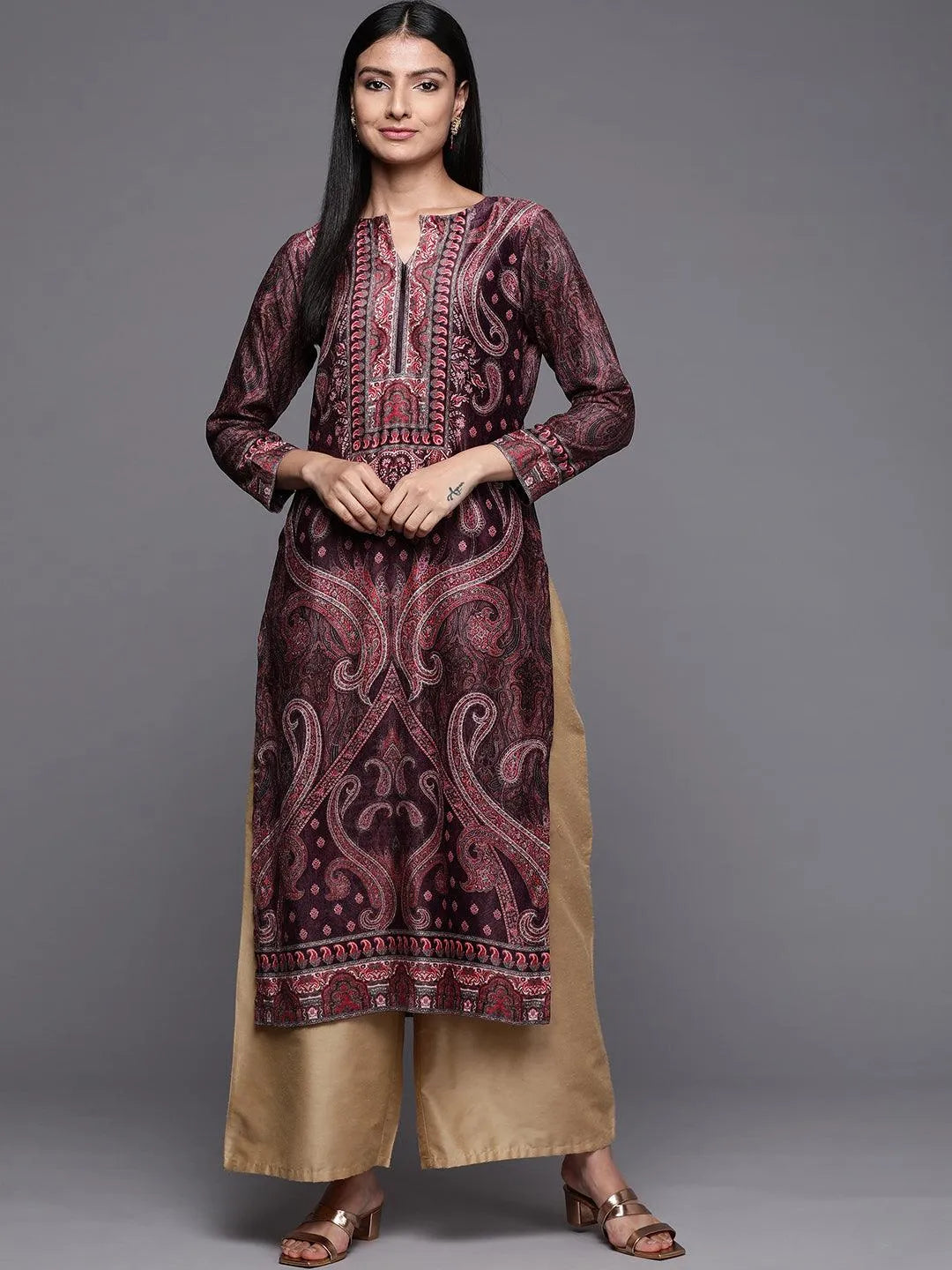 Burgundy Printed Velvet Straight Kurta - Libas