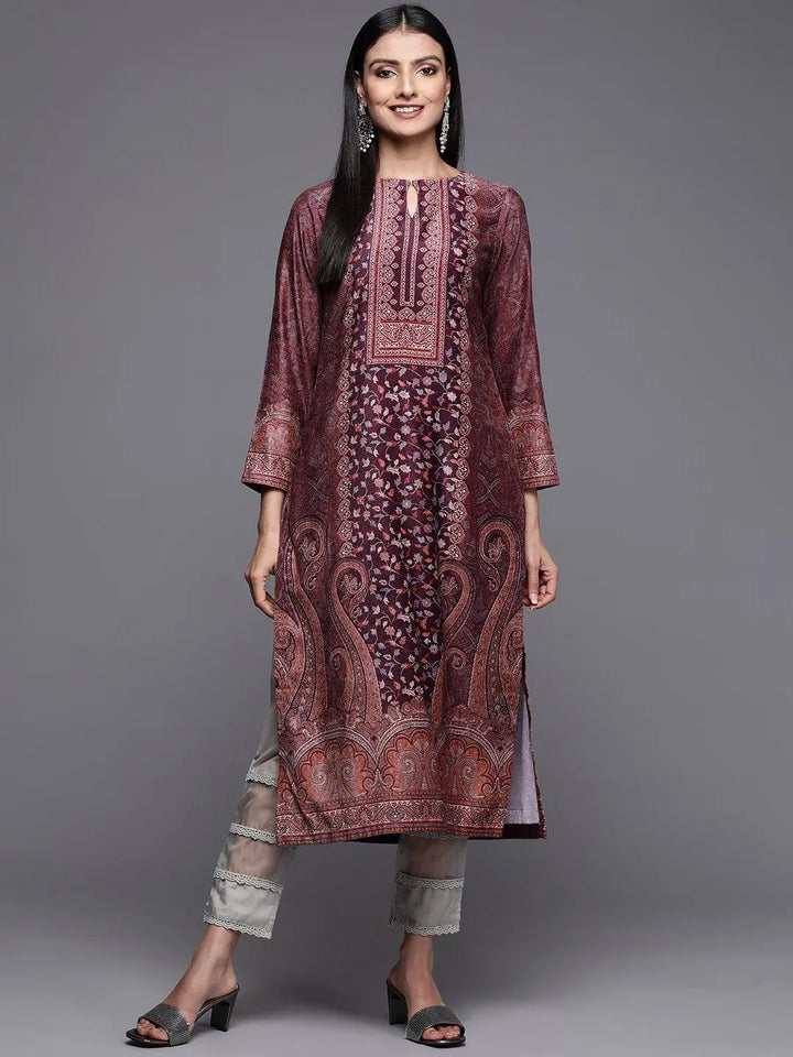 Burgundy Printed Velvet Straight Kurta - Libas