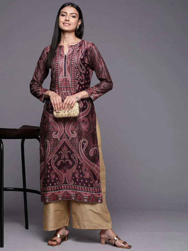 Burgundy Printed Velvet Straight Kurta - Libas