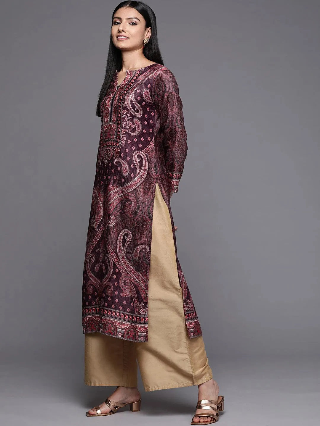 Burgundy Printed Velvet Straight Kurta - Libas