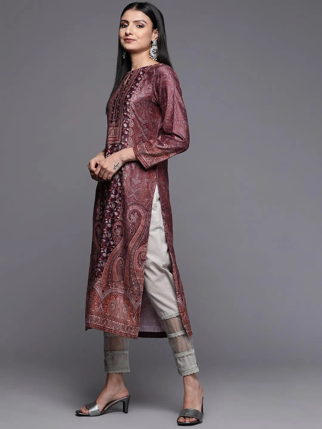 Burgundy Printed Velvet Straight Kurta - Libas