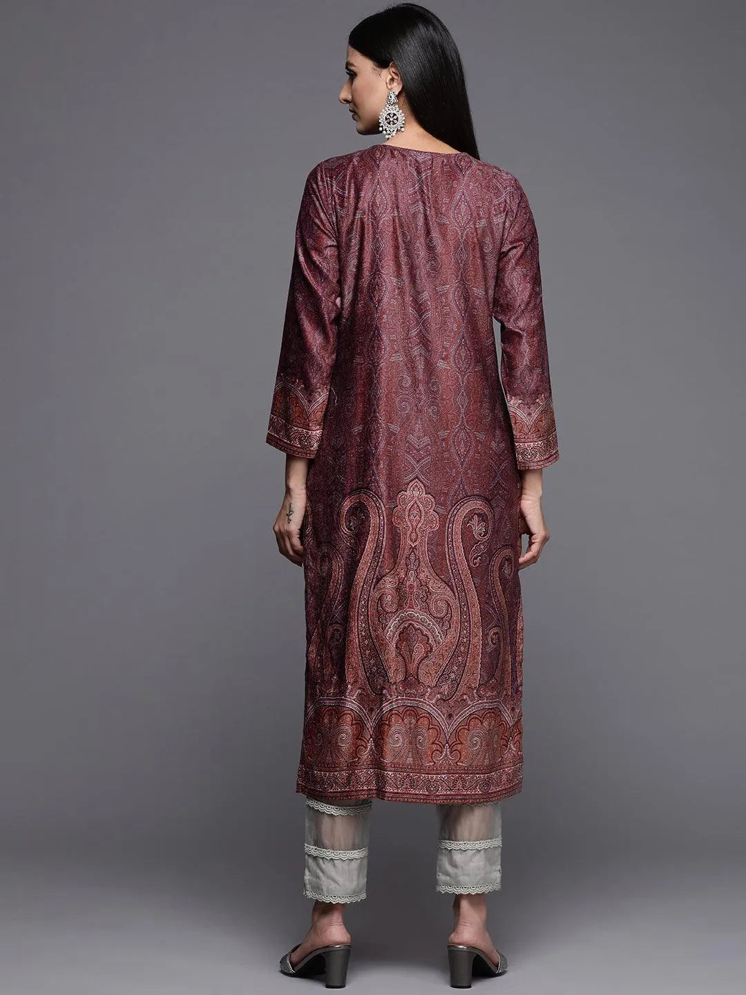 Burgundy Printed Velvet Straight Kurta - Libas