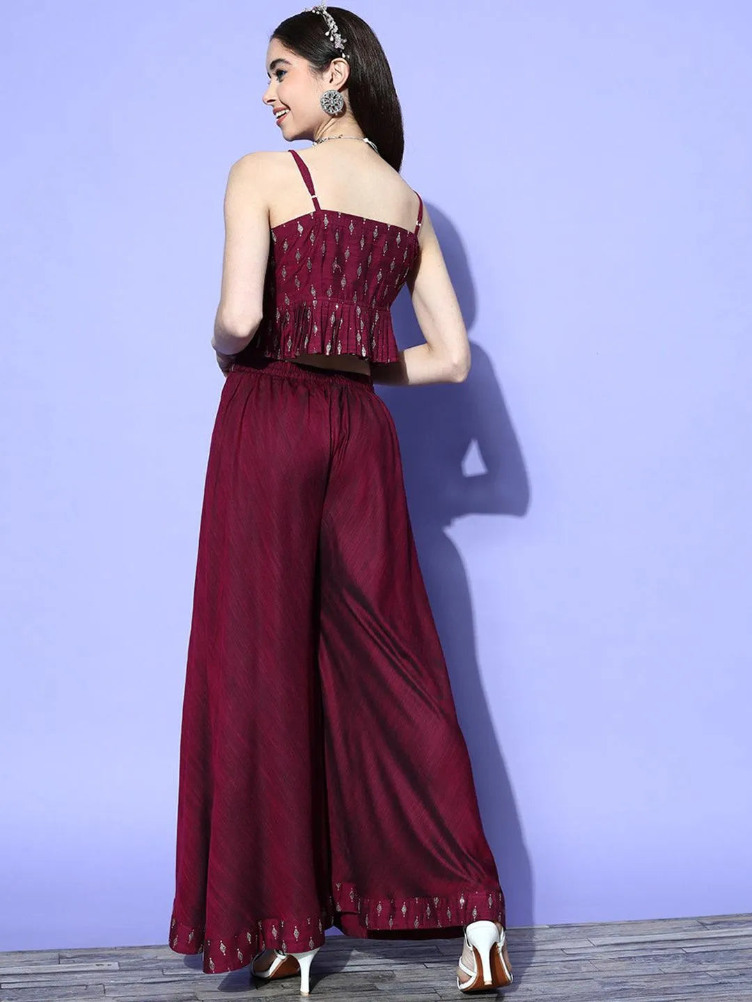 Burgundy Self Design Silk Blend Top With Palazzos - Libas