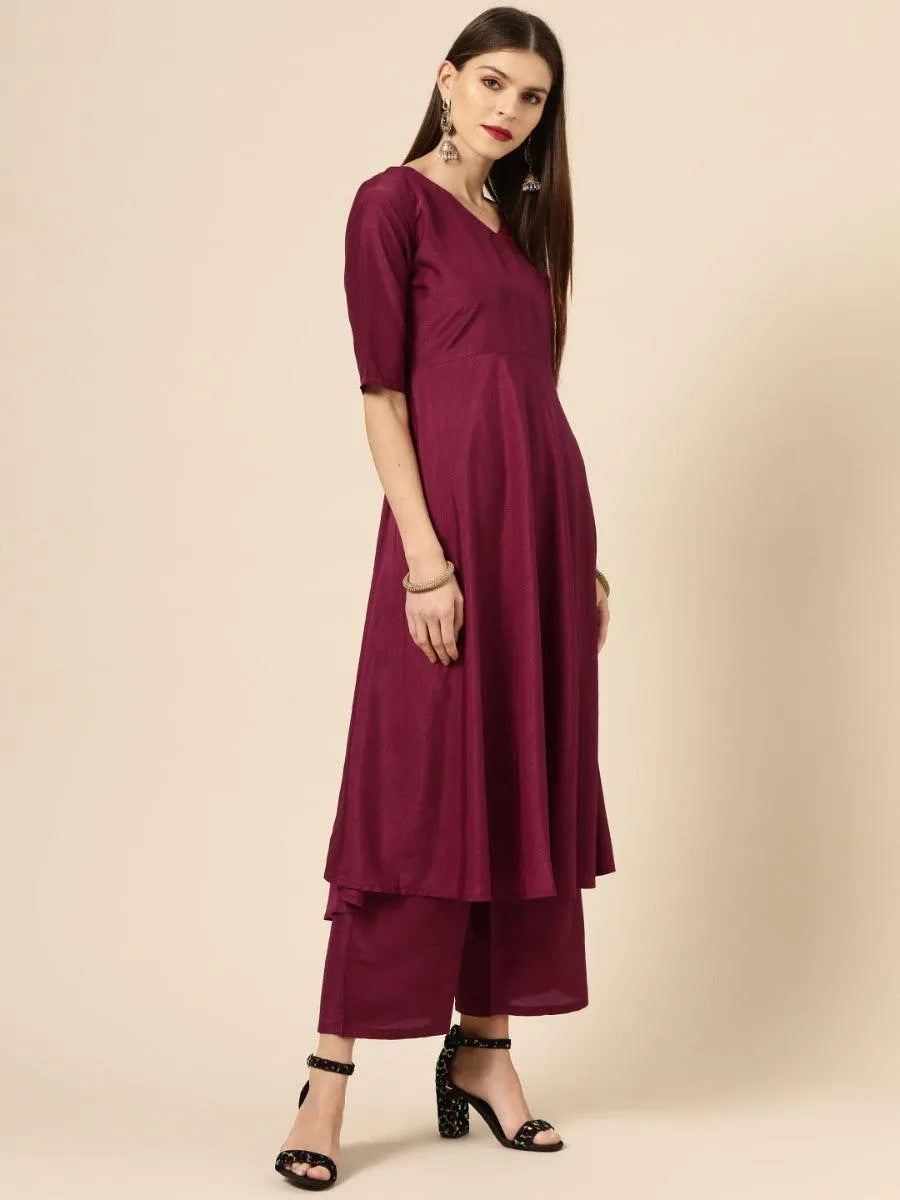 Burgundy Solid Silk Suit Set - Libas