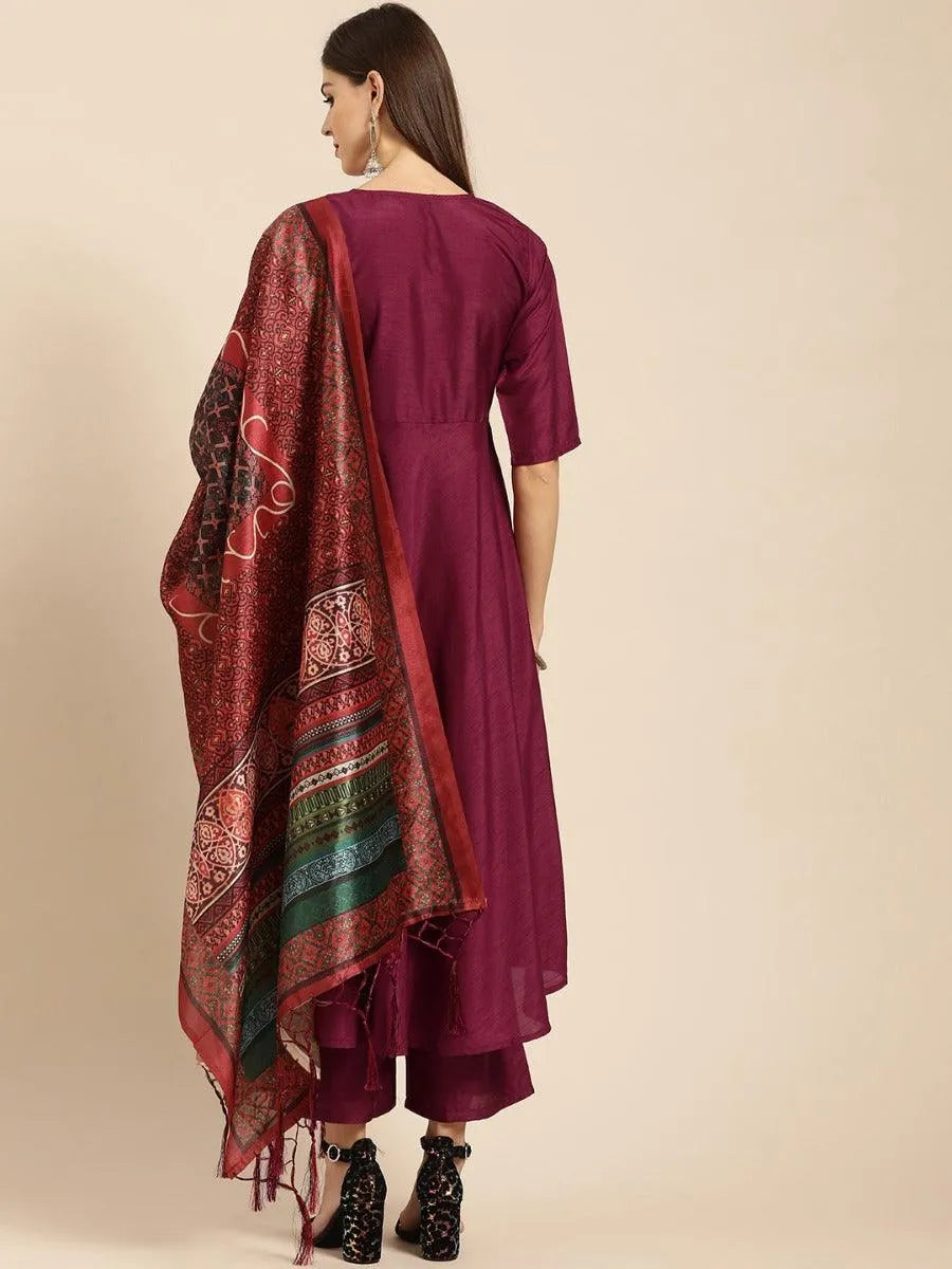 Burgundy Solid Silk Suit Set - Libas