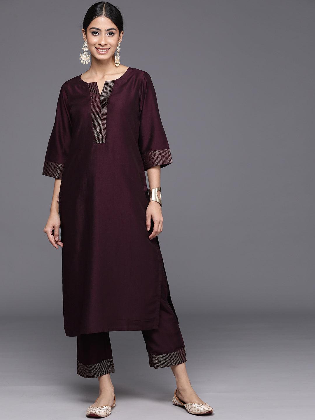 Burgundy Solid Silk Blend Straight Kurta With Trousers & Dupatta - Libas 