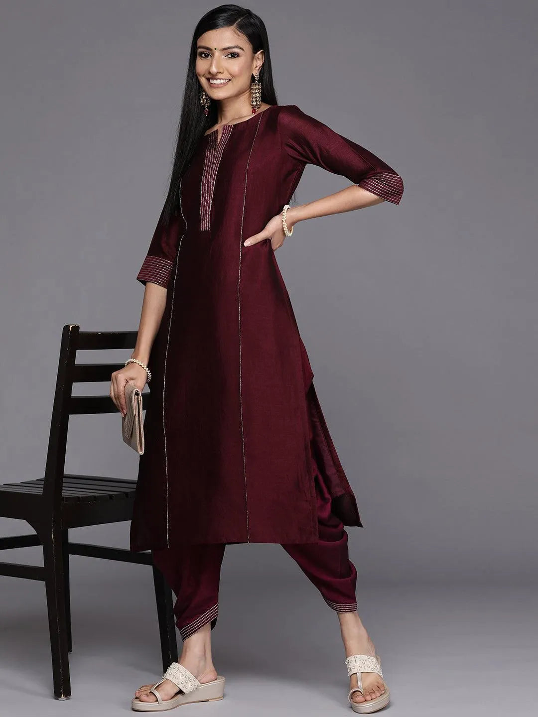 Burgundy Solid Silk Salwar Pants - Libas