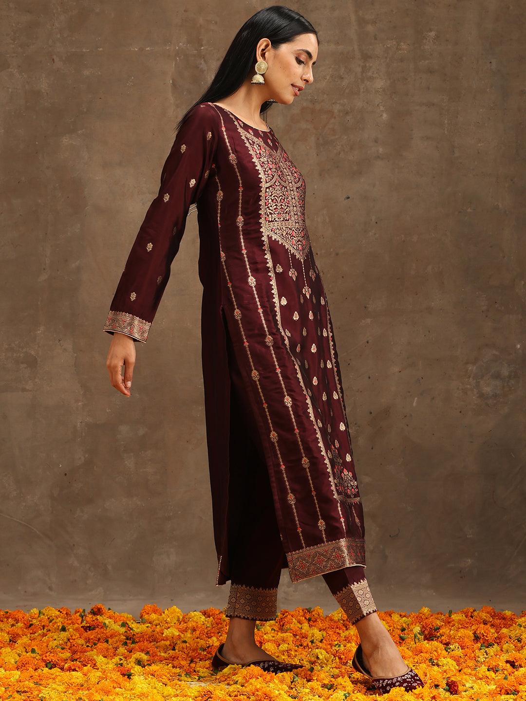 Burgundy Woven Design Silk Blend Straight Kurta With Trousers & Dupatta