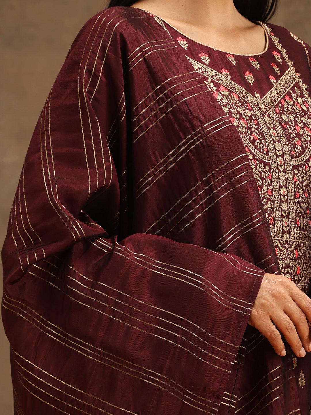 Burgundy Woven Design Silk Blend Straight Kurta With Trousers & Dupatta