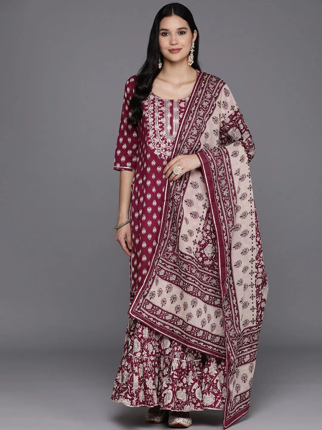 Burgundy Yoke Design Cotton Straight Sharara Suit Set With Dupatta