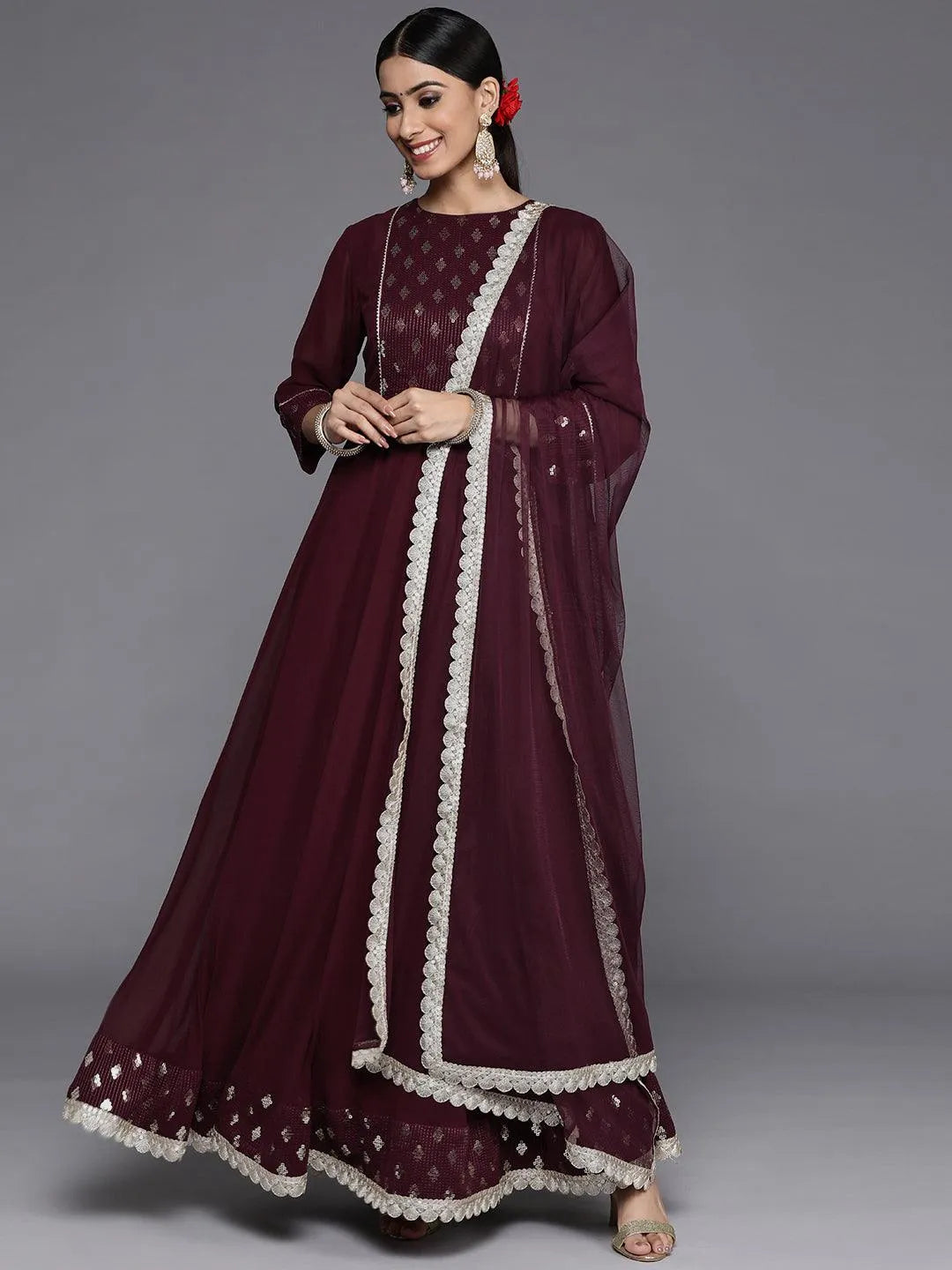 Burgundy Yoke Design Georgette Anarkali Suit Set With Churidar - Libas