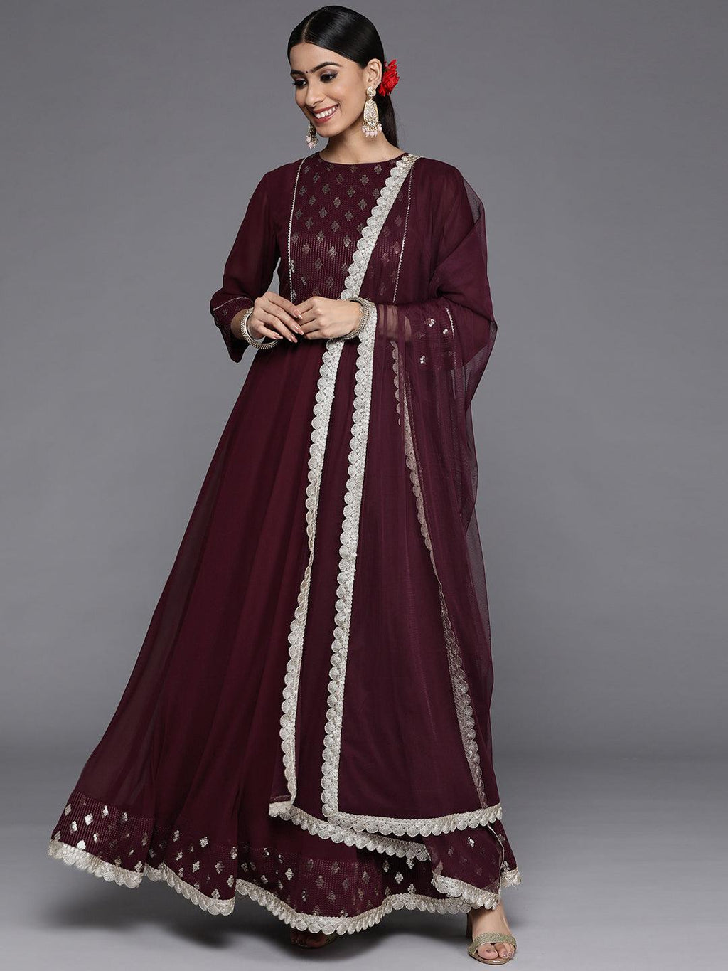 Burgundy material chudidhar set with embroidered silk cotton top