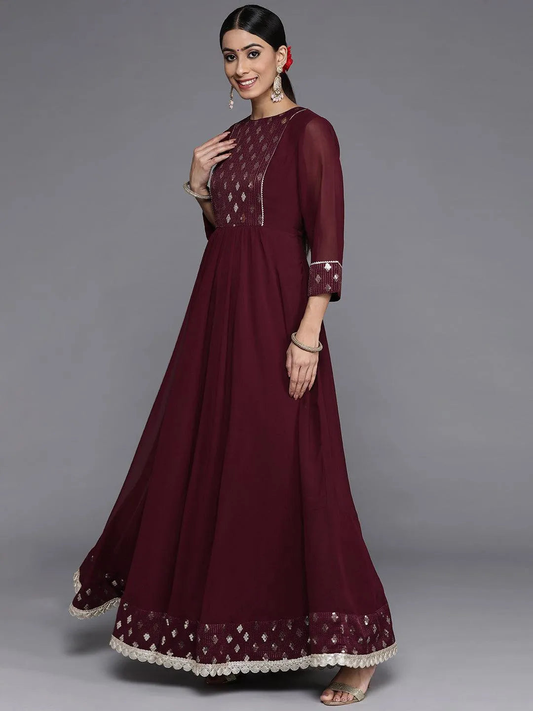 Burgundy Yoke Design Georgette Anarkali Suit Set With Churidar - Libas