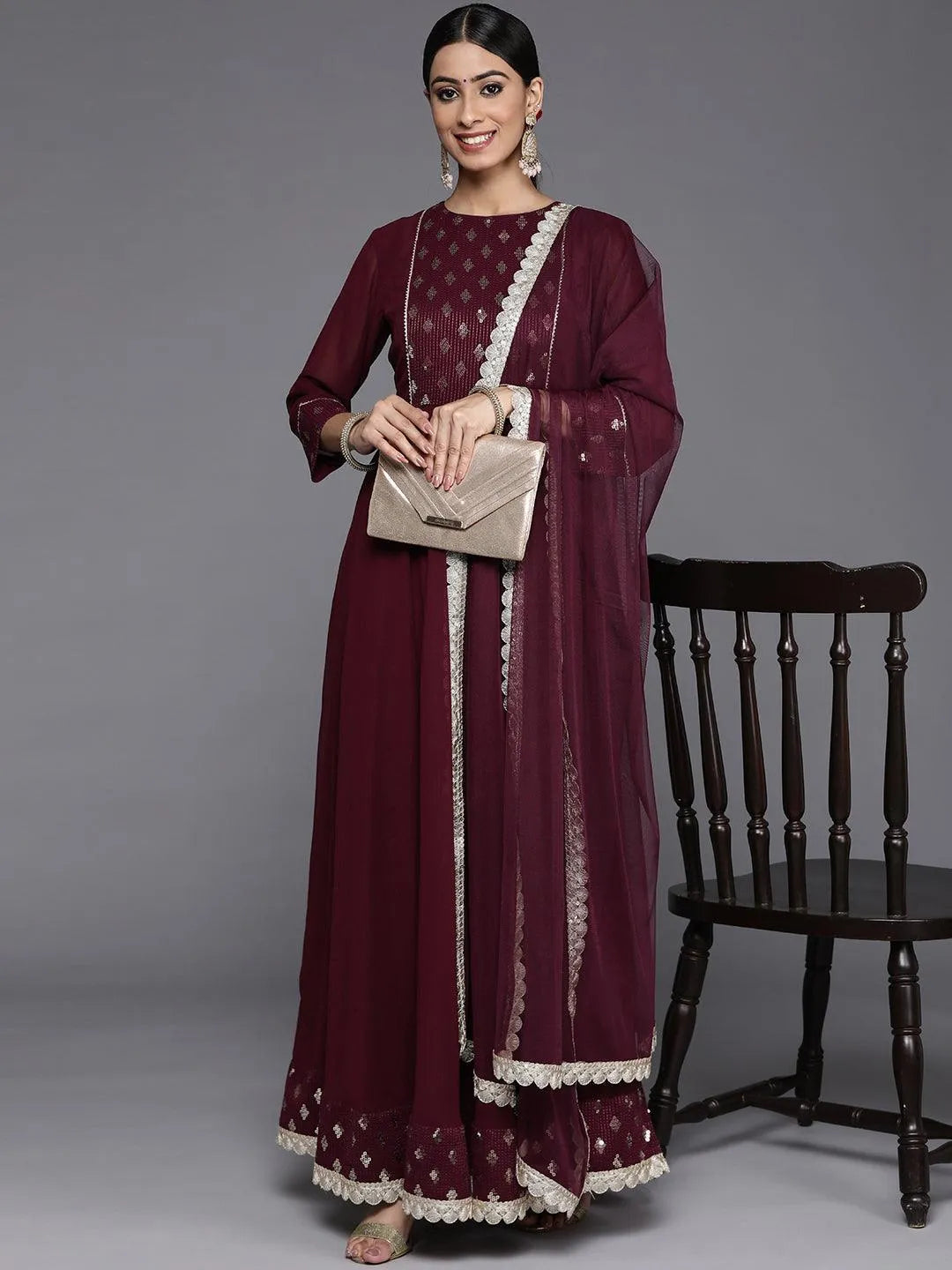 Burgundy Yoke Design Georgette Anarkali Suit Set With Churidar - Libas