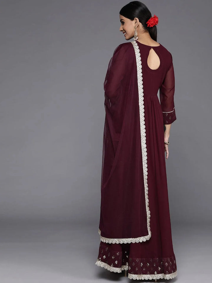 Burgundy Yoke Design Georgette Anarkali Suit Set With Churidar - Libas