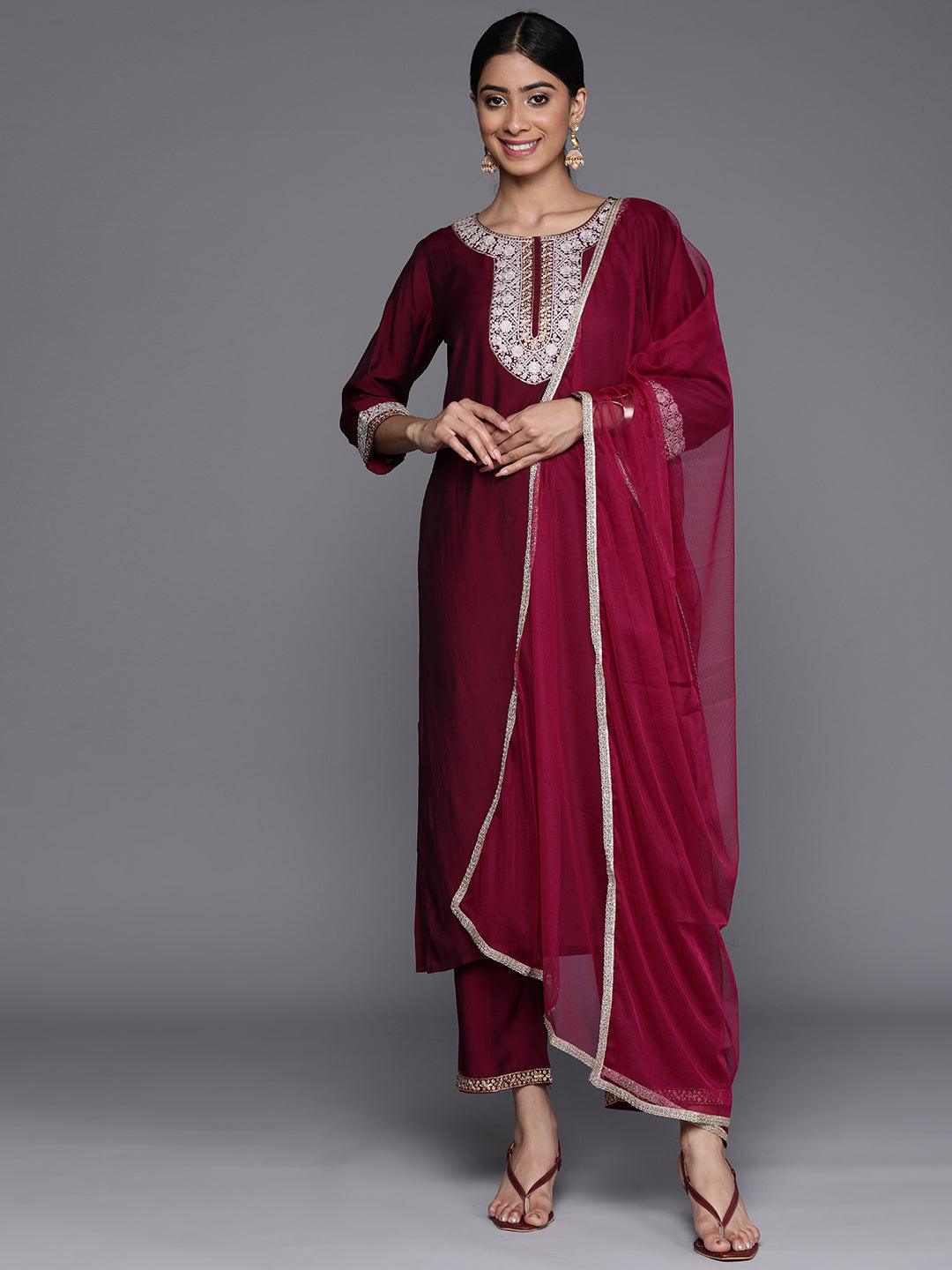 Burgundy Yoke Design Silk Blend Suit Set With Trousers - Libas