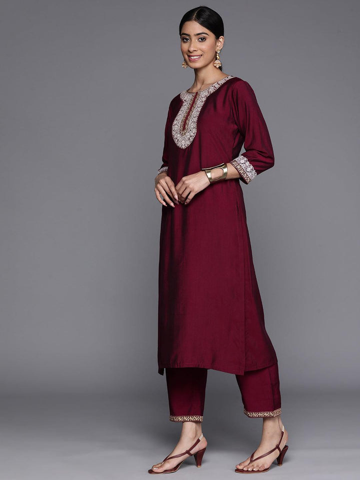 Burgundy Yoke Design Silk Blend Suit Set With Trousers - Libas