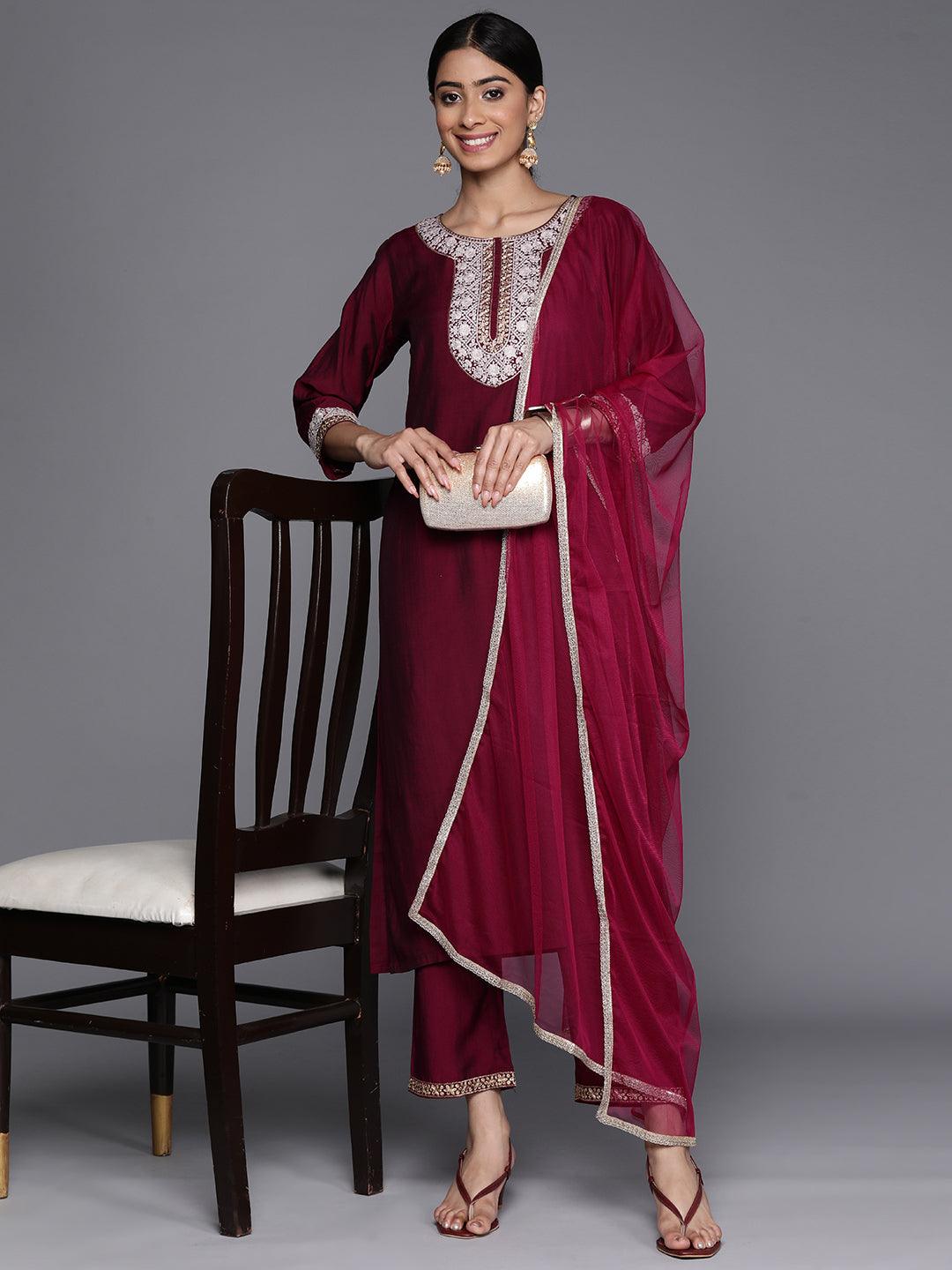 Burgundy Yoke Design Silk Blend Suit Set With Trousers - Libas