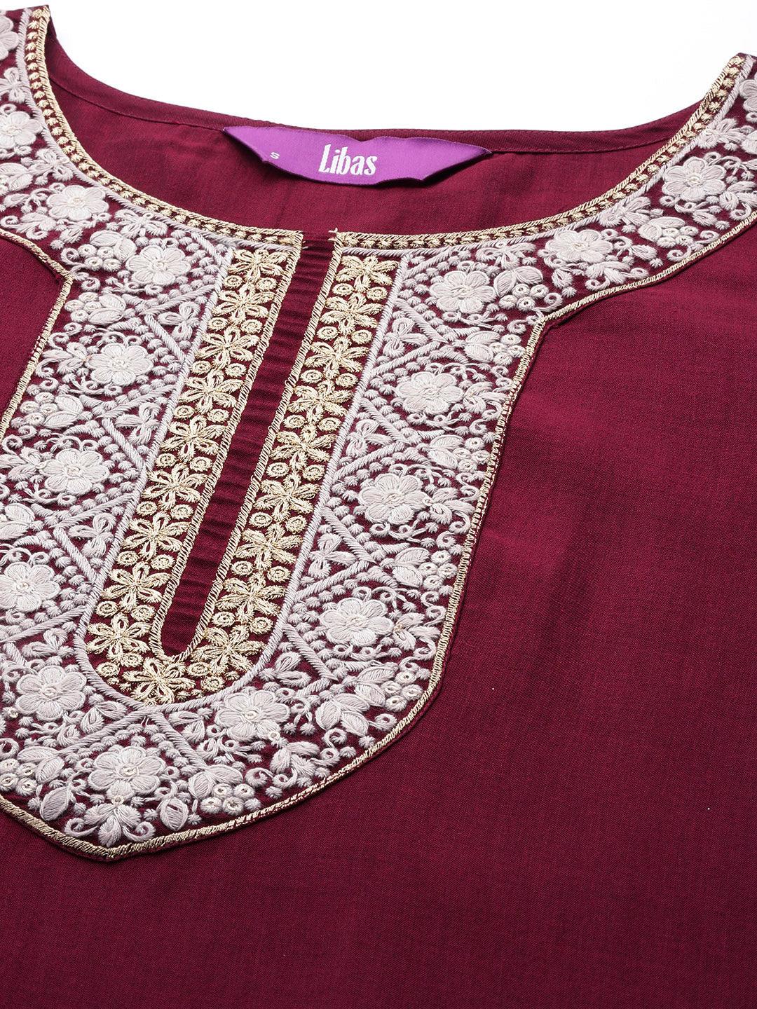 Burgundy Yoke Design Silk Blend Suit Set With Trousers - Libas