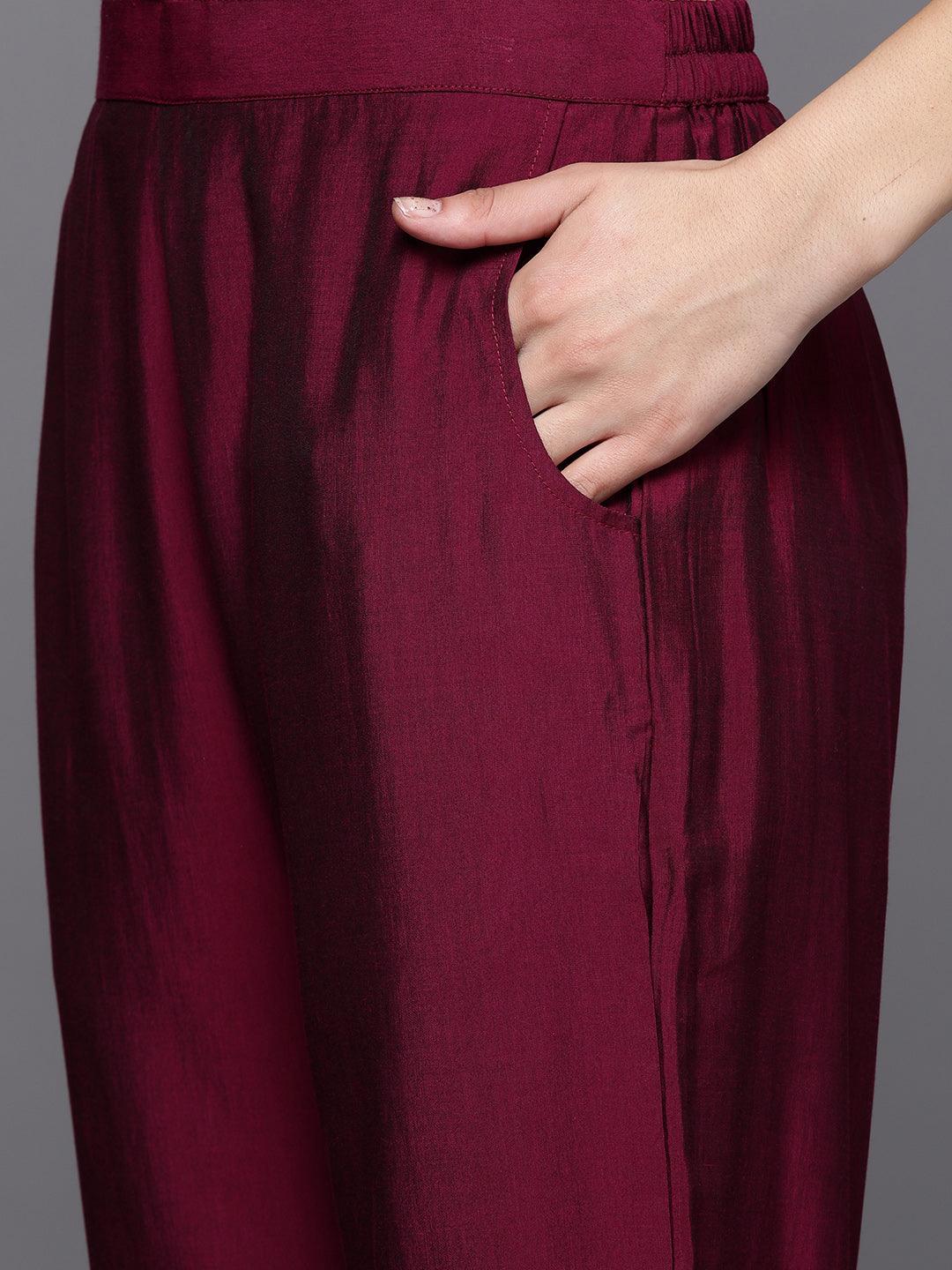 Burgundy Yoke Design Silk Blend Straight Kurta With Dupatta