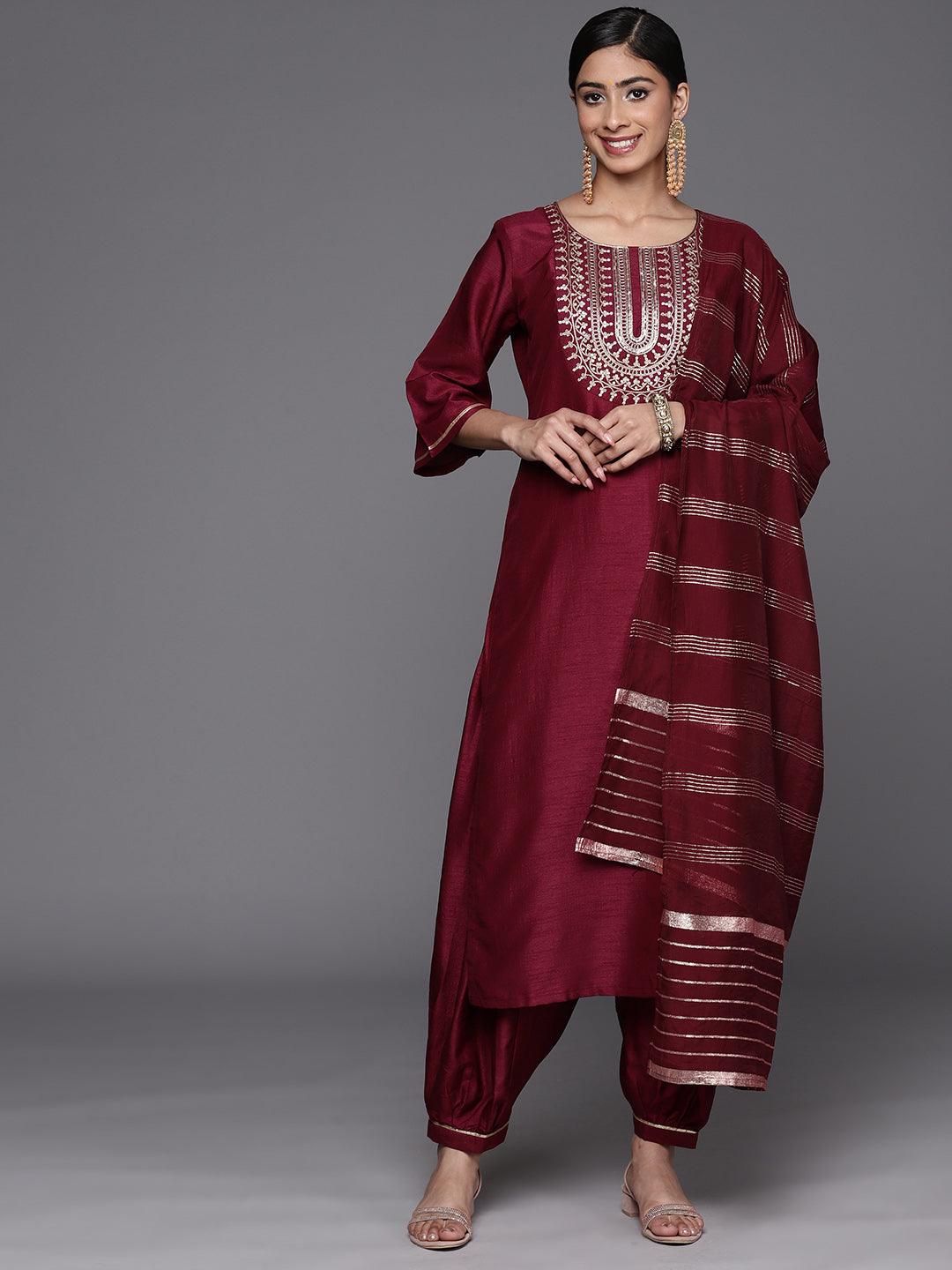 Burgundy Yoke Design Silk Blend Straight Kurta With Salwar & Dupatta