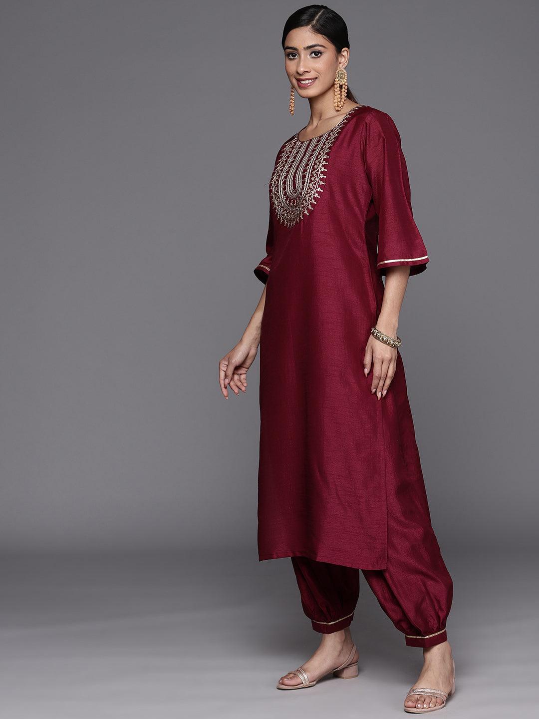Burgundy Yoke Design Silk Blend Straight Kurta With Salwar & Dupatta