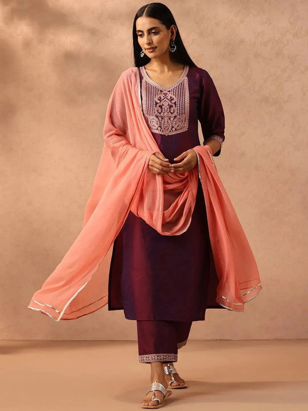 

Burgundy Yoke Design Silk Blend Straight Kurta With Trousers & Dupatta