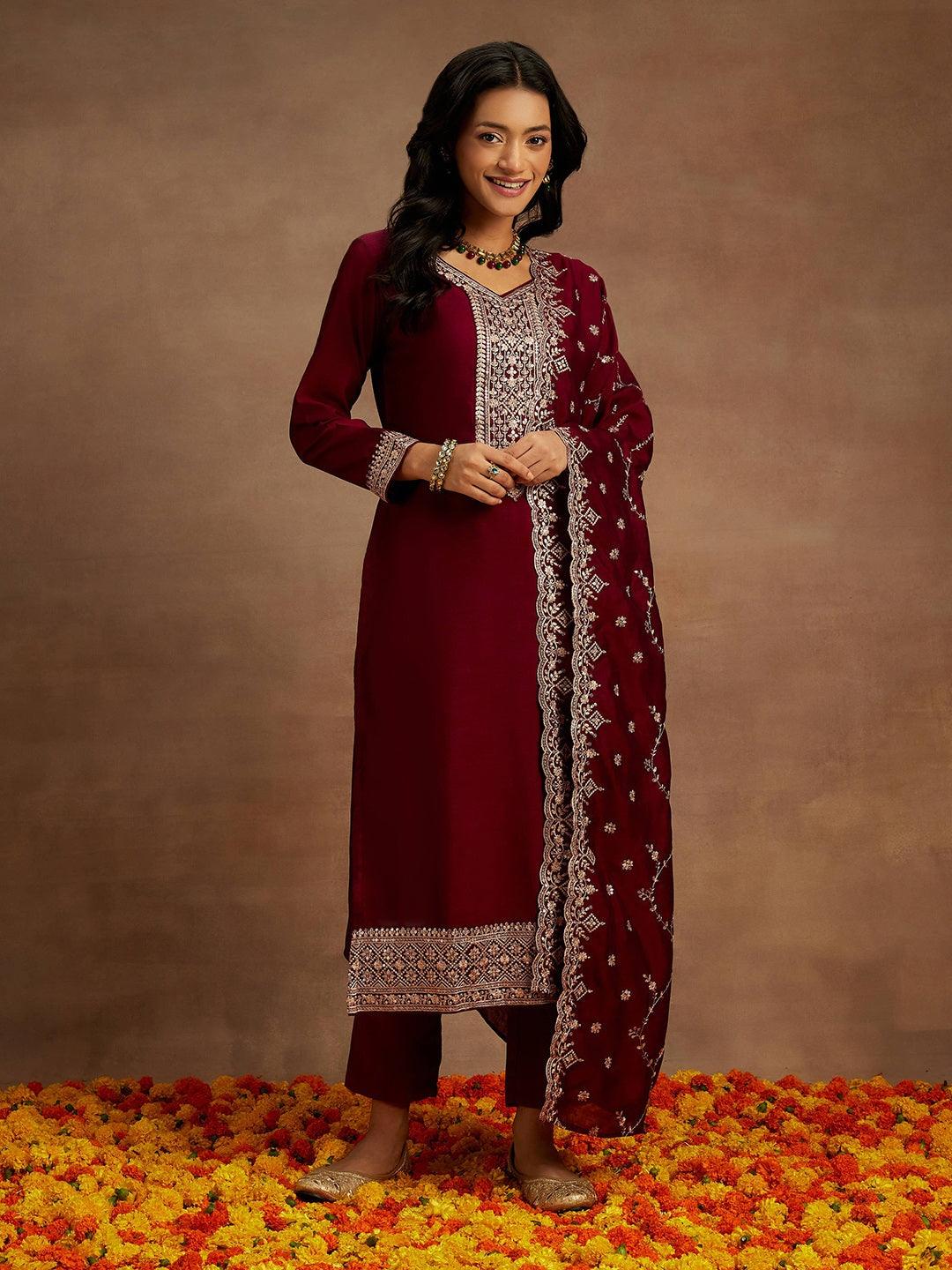 Burgundy Yoke Design Silk Blend Straight Kurta With Trousers & Dupatta - Libas