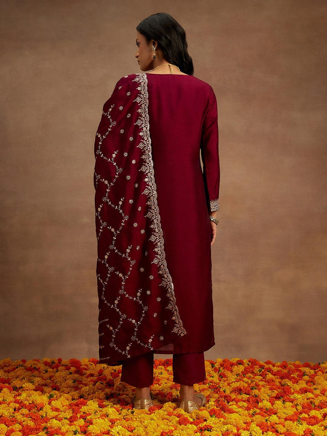 Burgundy Yoke Design Silk Blend Straight Kurta With Trousers & Dupatta - Libas