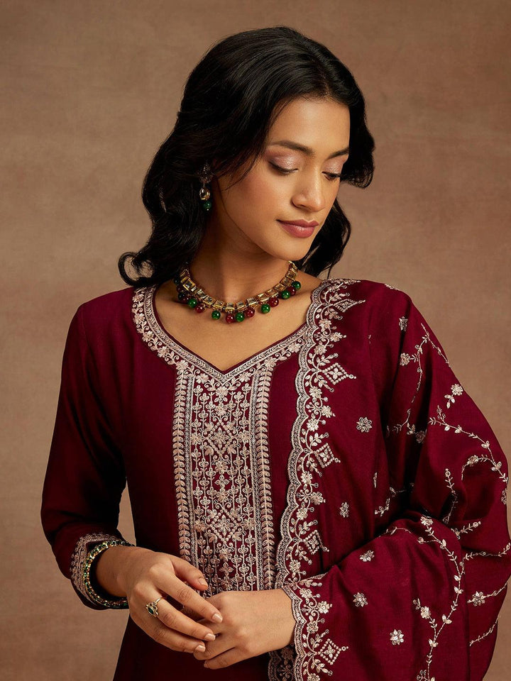 Burgundy Yoke Design Silk Blend Straight Kurta With Trousers & Dupatta - Libas