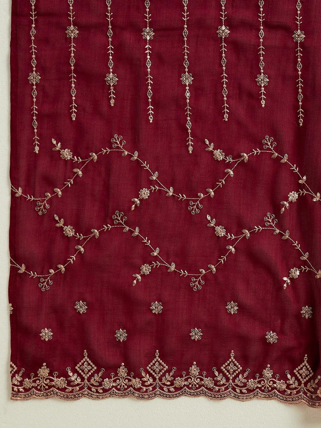 Burgundy Yoke Design Silk Blend Straight Kurta With Trousers & Dupatta - Libas