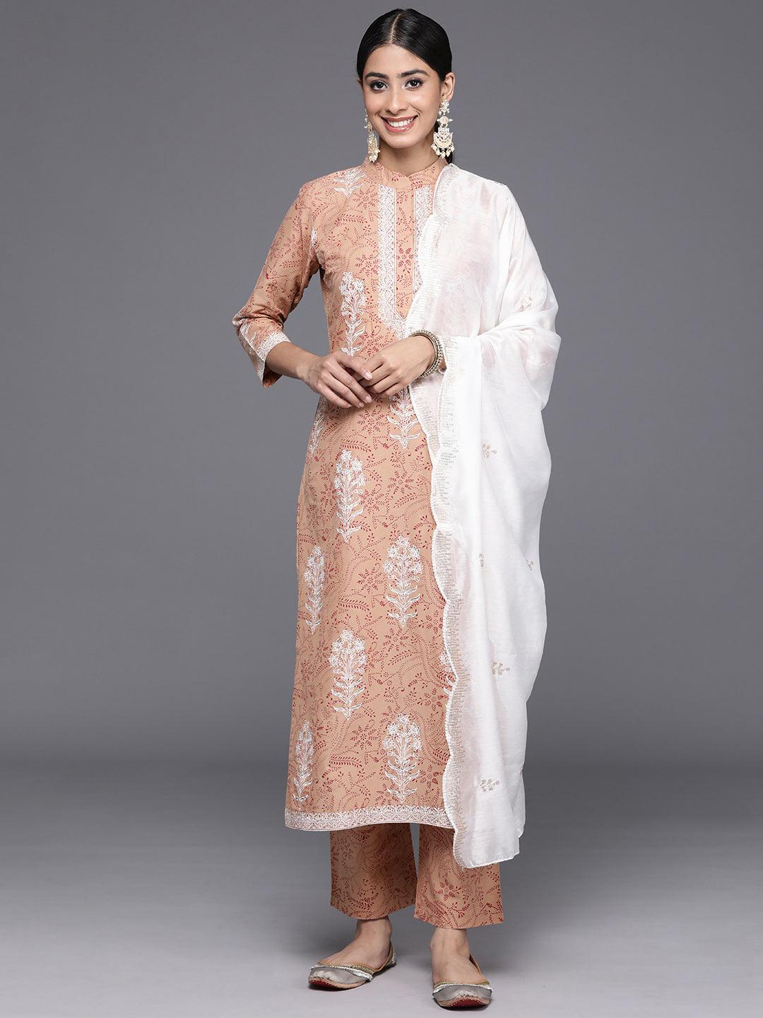 Camel Brown Printed Cotton Straight Kurta With Trousers & Dupatta - Libas