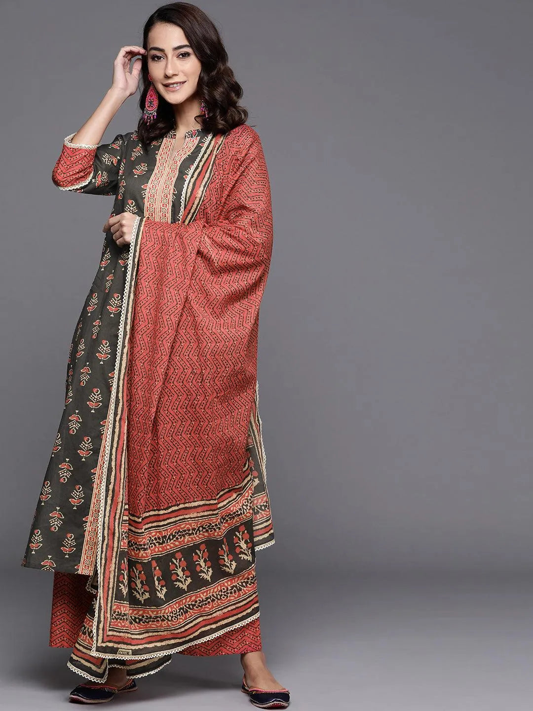 Charcoal Printed Cotton Suit Set - Libas