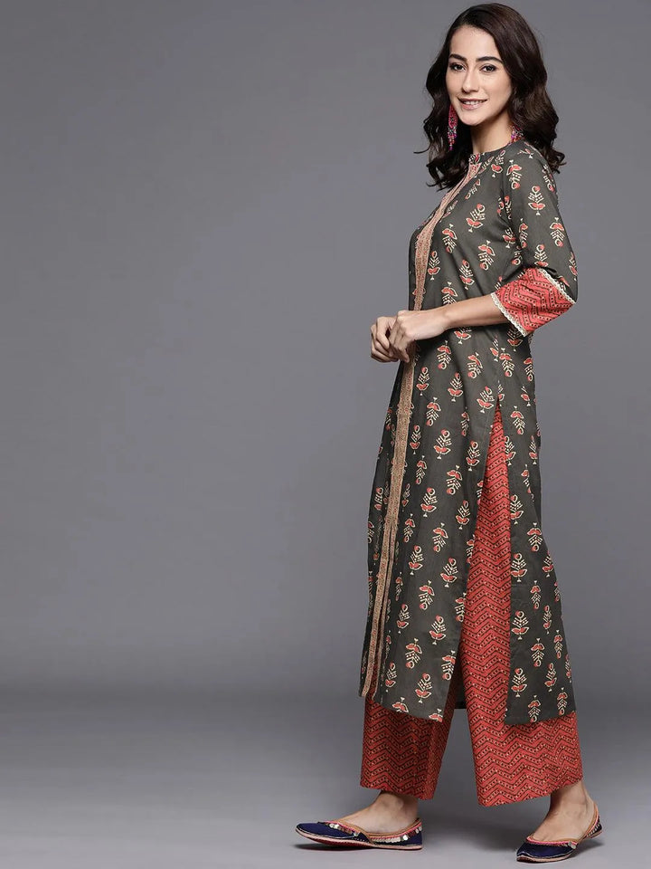 Charcoal Printed Cotton Suit Set - Libas